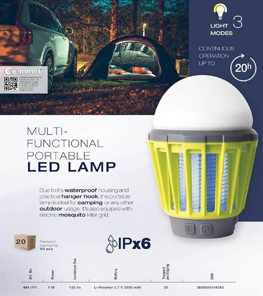 Мултифункционална LED лампа 1W 180 lm с акумулатор 2,0 Ah, РЕЖИМ ПРОТИВ КОМАРИ, зареждане през USB, IPХ6 Commel