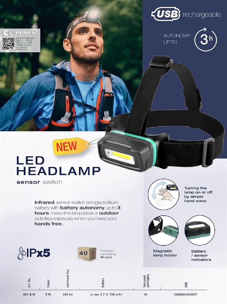 Челник за глава LED 5W 2 нива на осветеност 300lm 3 часа работен режим с USB батерия Li-ion 3,7V 700mAh магнитен държач Commel