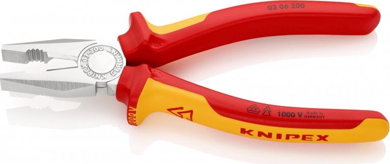 Комбинирани клещи, хромирани, VDE 1000V жълто-червена ръкохватка 200мм, Knipex