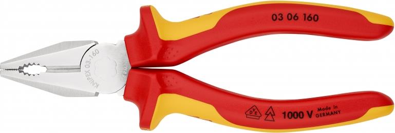 Комбинирани клещи, хромирани, VDE 1000V жълто-червена ръкохватка 160мм, Knipex