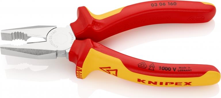 Комбинирани клещи, хромирани, VDE 1000V жълто-червена ръкохватка 160мм, Knipex