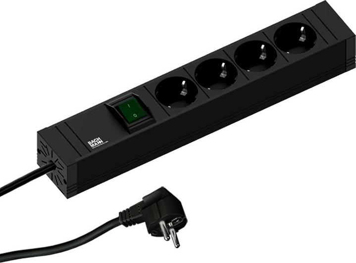 Разклонител ЧЕРЕН 4x2P+E с кабел 2 метра / 3x1.5мм2, копче, CONNECT LINE, Bachmann