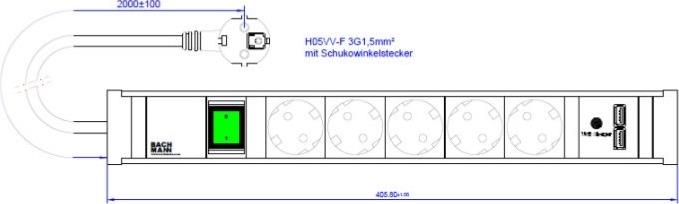 Разклонител ЧЕРЕН 5x2P+E с кабел 2 метра, копче, с USB A+A 3A 15W CONNECT LINE, Bachmann