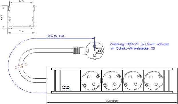 Разклонител ЧЕРЕН 4x2P+E с кабел 2 метра / 3x1.5мм2 CONNECT LINE, Bachmann