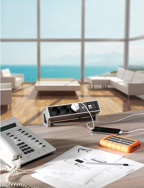 Модул DESK 2 с 3х Шуко и 1х празен модул, цвят Инокс, Bachmann