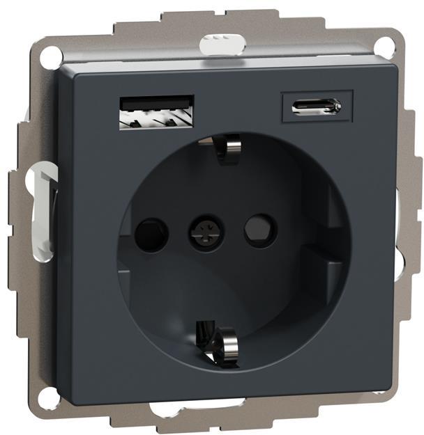 Механизъм контакт шуко 16A + USB A+C 3A 15W с лицев панел цвят Антрацит System M  Merten SE /до изчерпване/