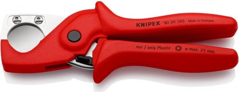 Ножици за рязане на тръби PlastiCut, хромирани, Ø25мм, червена ръкохватка 185мм, с фиксатор, Knipex