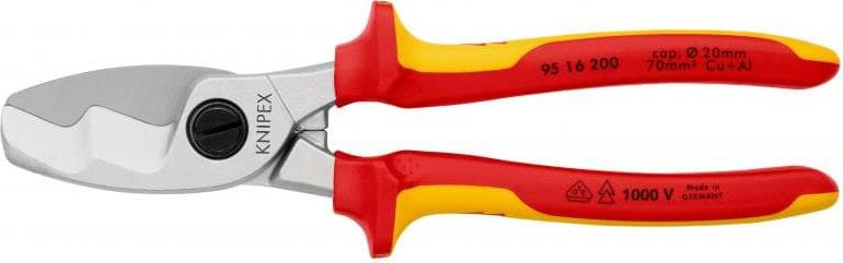 Ножици за рязане на кабел до 70мм2, хромирани, VDE 1000V жълто-червена ръкохватка 200мм, Knipex