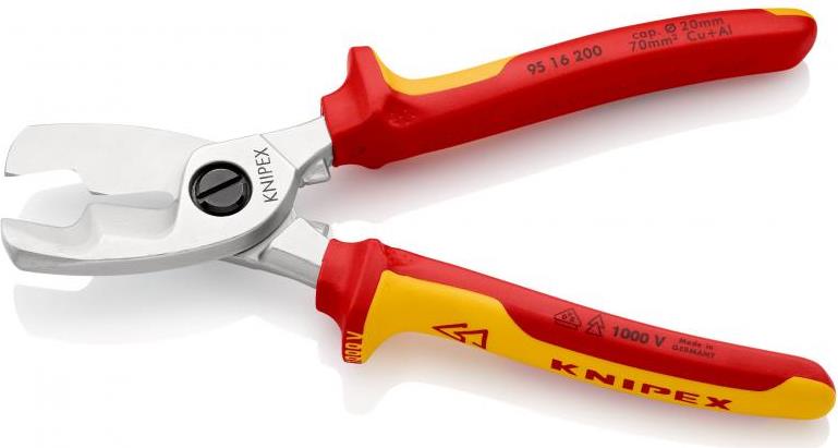 Ножици за рязане на кабел до 70мм2, хромирани, VDE 1000V жълто-червена ръкохватка 200мм, Knipex