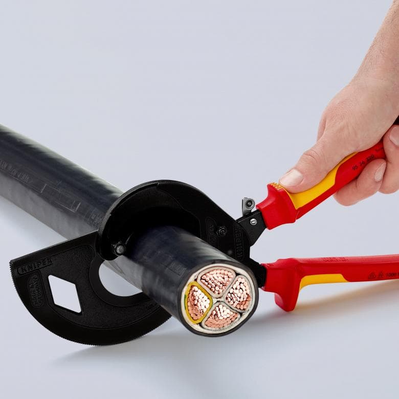 Ножици за рязане на кабел до 600мм2, VDE 1000V жълто-червена ръкохватка 320мм, с фиксатор, Knipex