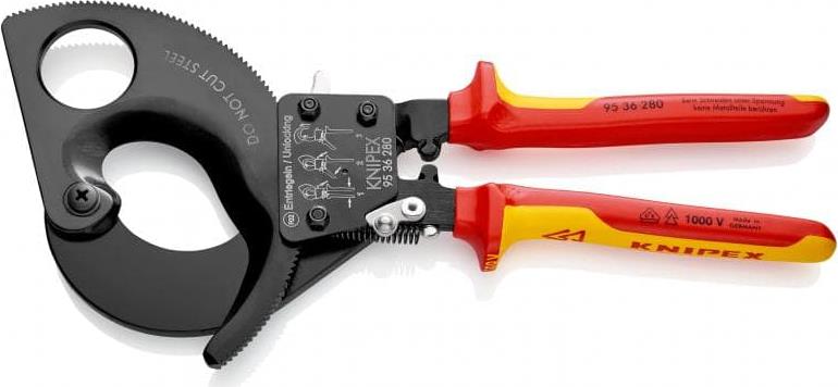Ножици за рязане на кабел до 380мм2, VDE 1000V жълто-червена ръкохватка 280мм, с отваряща пружина, Knipex