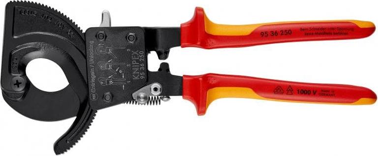 Ножици за рязане на кабел до 240мм2, VDE 1000V жълто-червена ръкохватка 250мм, с отваряща пружина, Knipex