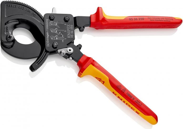Ножици за рязане на кабел до 240мм2, VDE 1000V жълто-червена ръкохватка 250мм, с отваряща пружина, Knipex