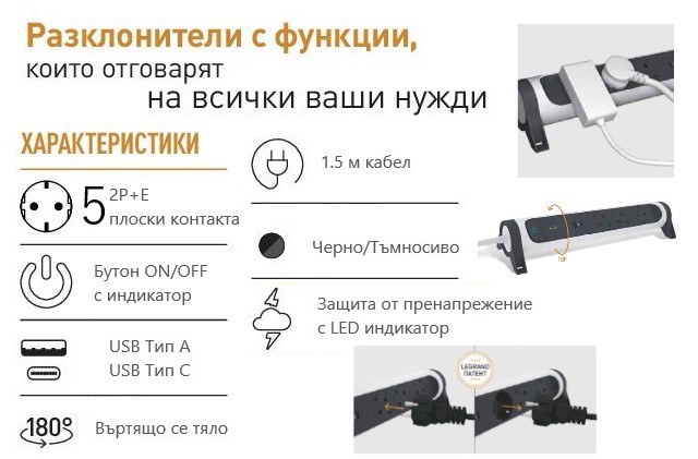 Разклонител ЧЕРЕН 5x2P+E с кабел 1.5 метра с гръмозащита и USB A+C 3A 15W Premium NEW Legrand