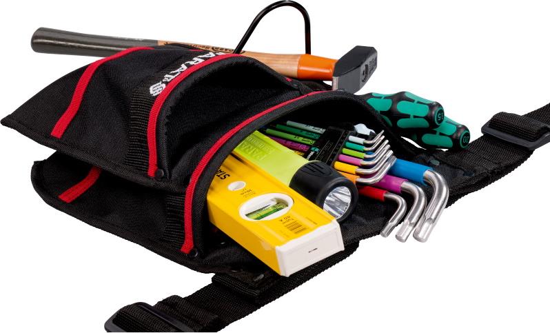 Чанта за колан PARABELT M с 9 джоба за инструменти и колан черна с червен кант PARAT