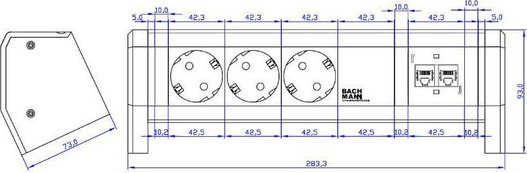 Модул DESK 1 с 3х Шуко и 2х RJ45 Cat.6A STP, цвят Черен, Bachmann