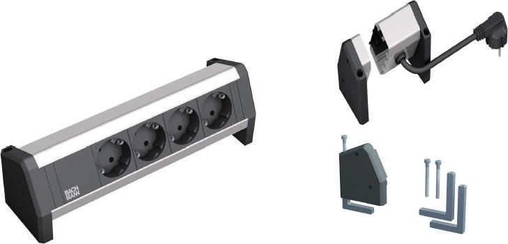 Модул DESK 1 с 4х Шуко, с кабел 3м, цвят Черен, Bachmann