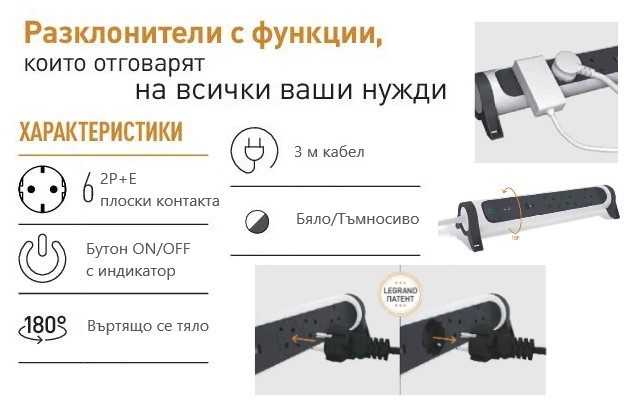 Разклонител БЯЛ 6x2P+E с кабел 3 метра / 3x1.5мм2 Premium NEW Legrand