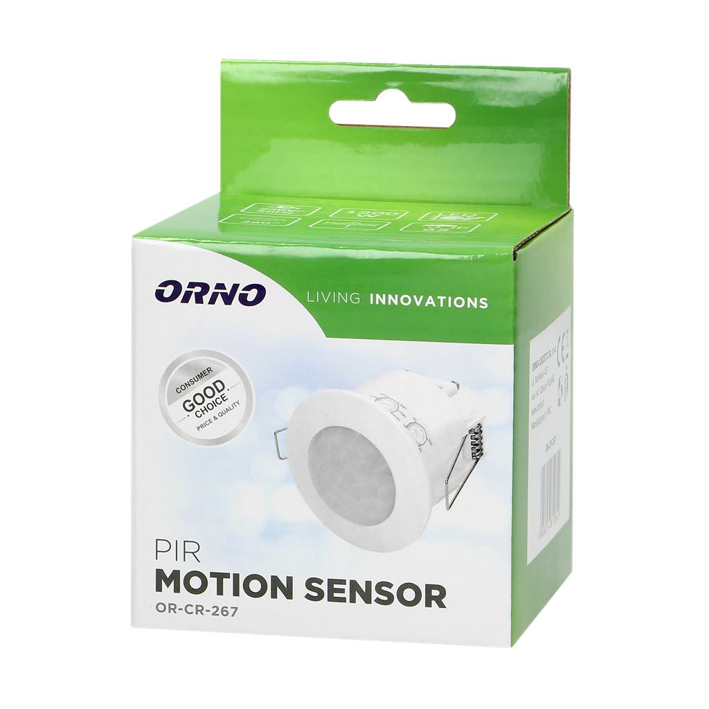 Датчик за движение PIR, за вграждане в таван, 360°, обхват D6m @ h=2.5m, IP65, цвят Бял ORNO