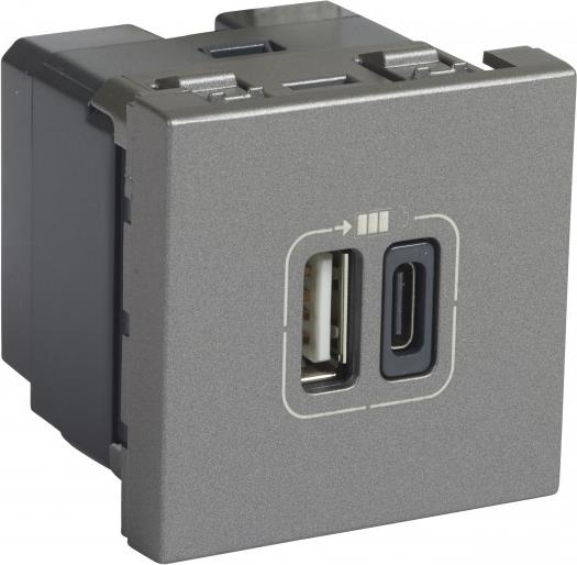 Розетка 2хUSB за зареждане тип A+C 3A 15W 2 мод. цвят Алуминий Mosaic Legrand