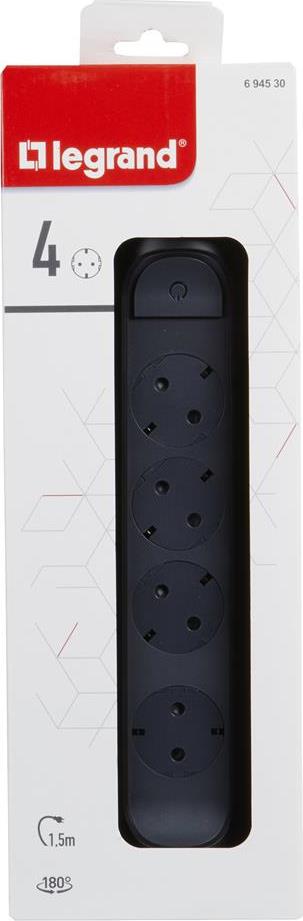 Разклонител ЧЕРЕН 4x2P+E с кабел 1.5 метра / 1.5mm2 Premium NEW Legrand