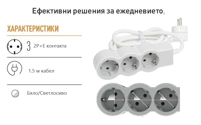 Разклонител БЯЛ 3x2P+E с кабел 1.5 метра / 3x1.5мм2 Standard NEW Legrand
