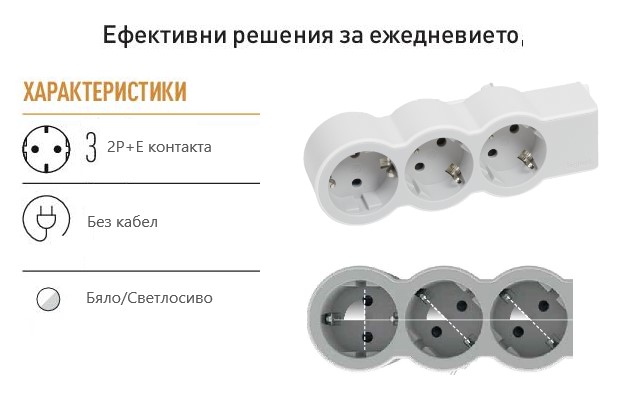 Разклонител БЯЛ 3x2P+E без кабел Standard NEW Legrand
