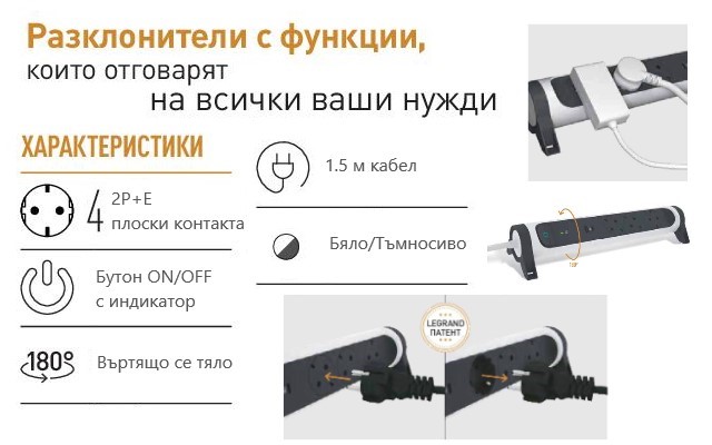 Разклонител БЯЛ 4x2P+E с кабел 1.5 метра / 3x1.5мм2 Premium NEW Legrand