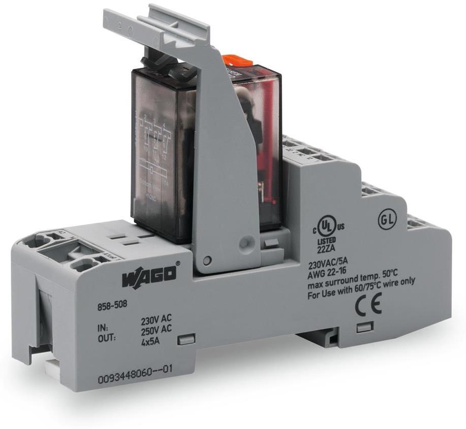 Релеен модул 230 VAC, 5A, червен индикатор, 4 превключващи контакта, 31мм, монтаж на DIN шина Wago