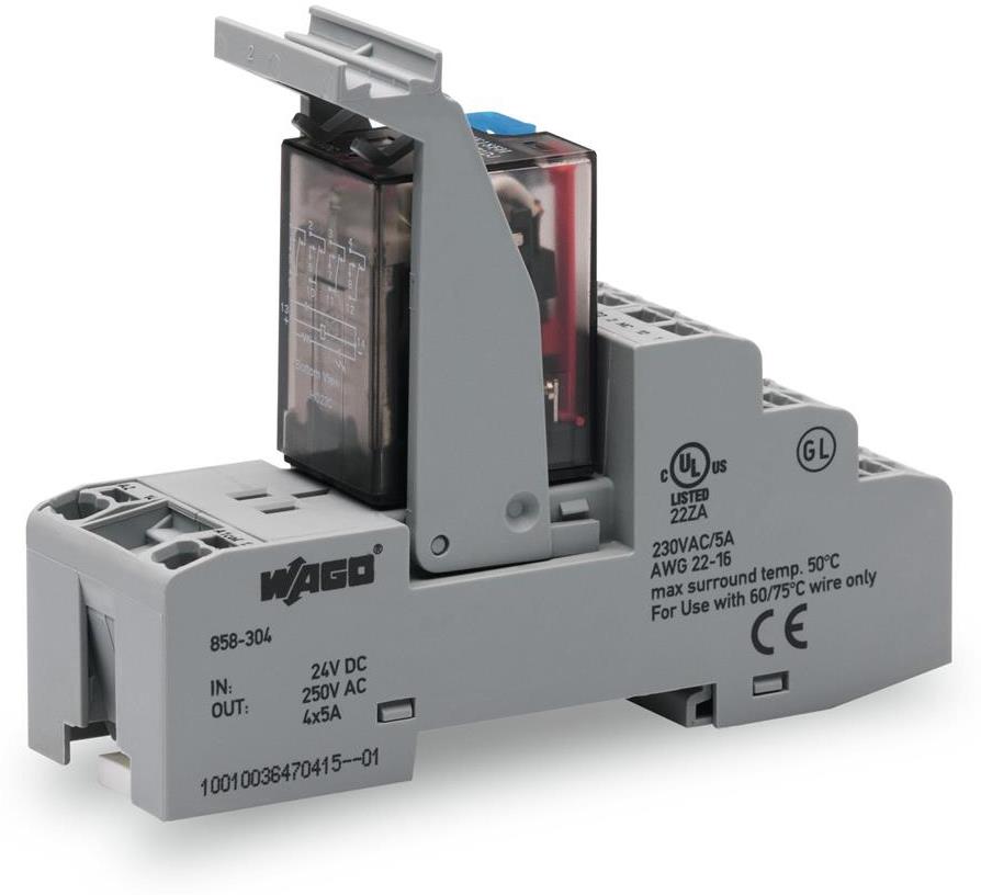 Релеен модул 24 VDC, 5A, червен индикатор, 4 превключващи контакта, 31мм, монтаж на DIN шина Wago