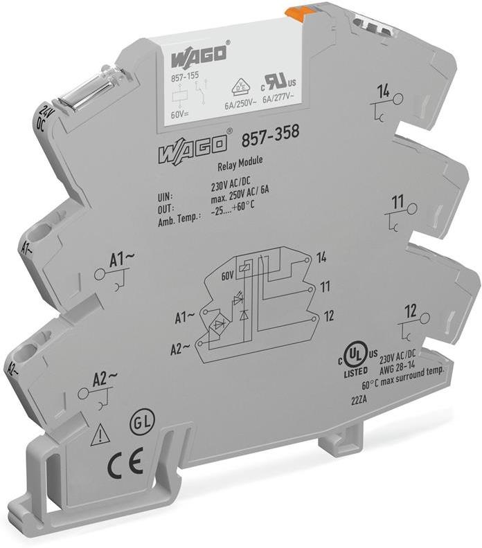 Релеен модул 230 V AC/DC, 6A, жълт индикатор, 1 превключващ контакт, 6мм, монтаж на DIN шина Wago