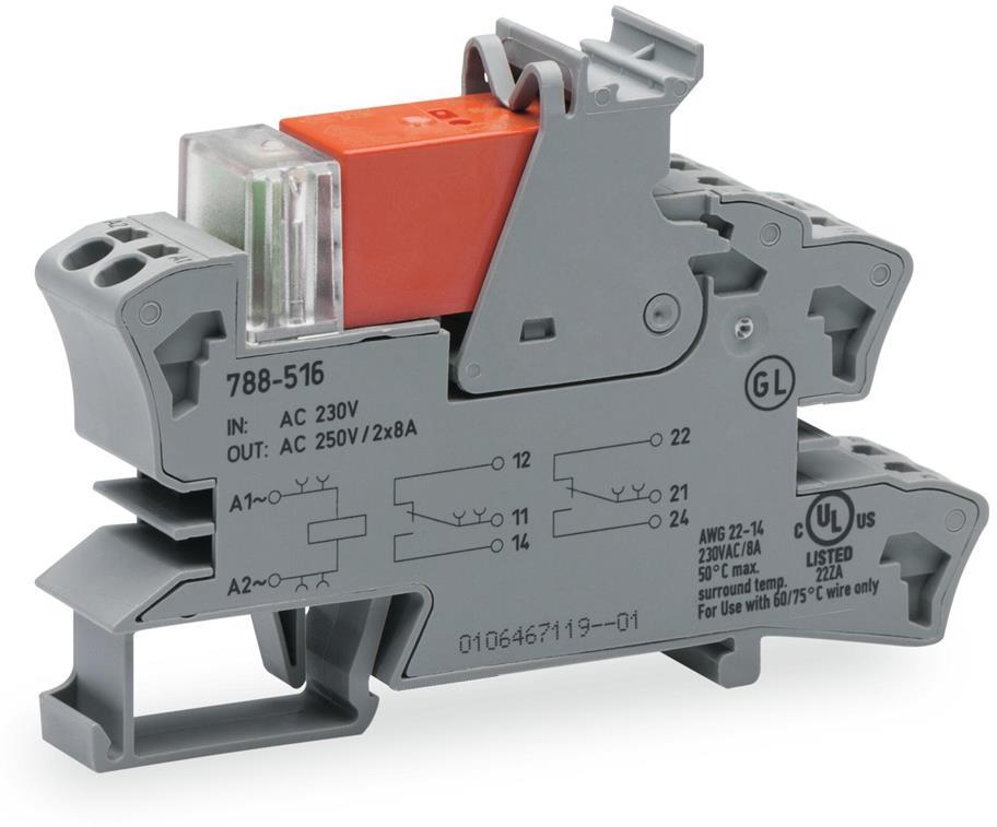 Релеен модул 230 VAC, 8A, червен индикатор, 2 превключващи контакта, 15мм, монтаж на DIN шина Wago