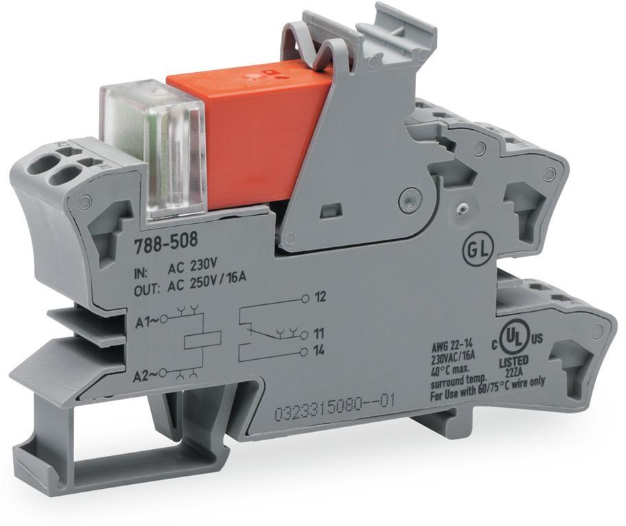 Релеен модул 230 VAC, 16A, червен индикатор, 1 превключващ контакт, 15мм, монтаж на DIN шина Wago