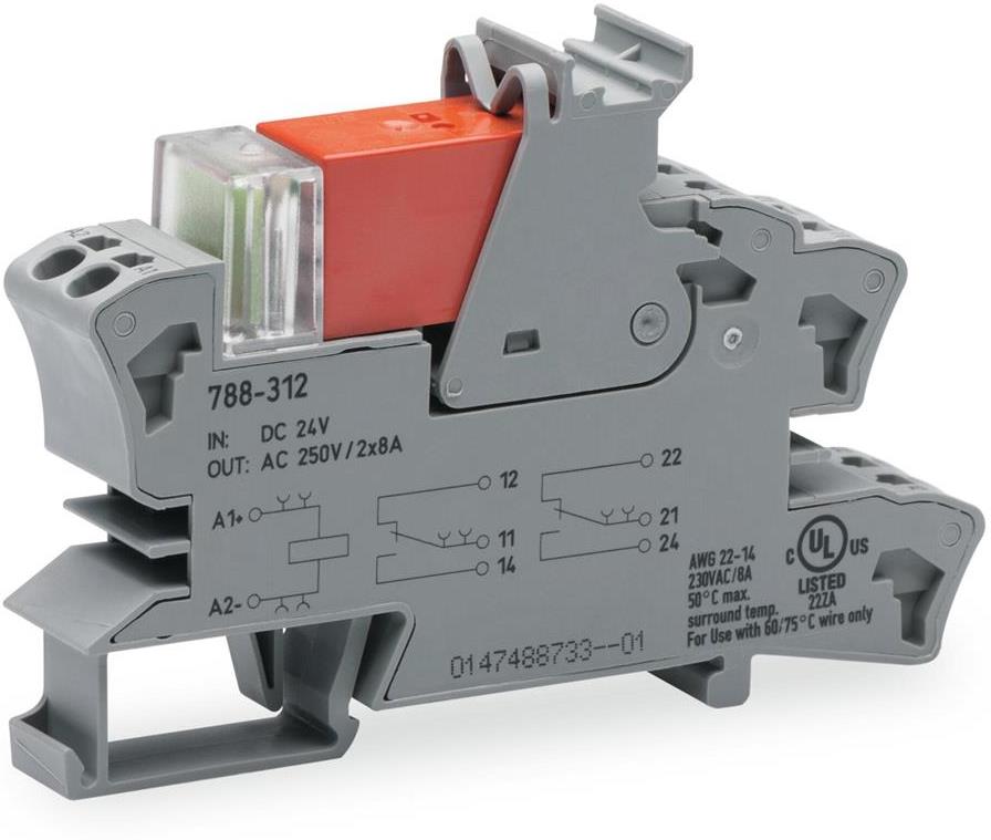 Релеен модул 24 VDC, 8A, червен индикатор, 2 превключващи контакта, 15мм, монтаж на DIN шина Wago