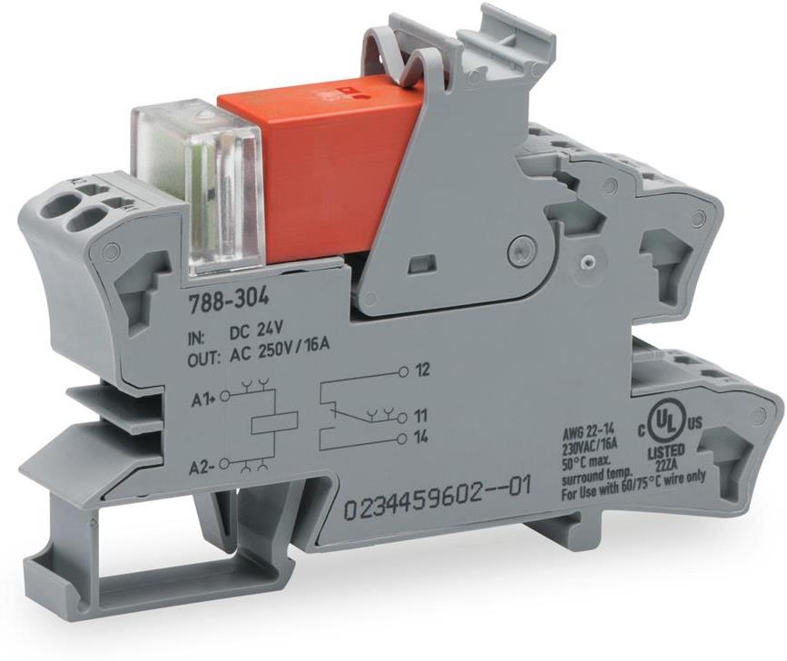 Релеен модул 24 VDC, 16A, червен индикатор, 1 превключващ контакт, 15мм, монтаж на DIN шина Wago
