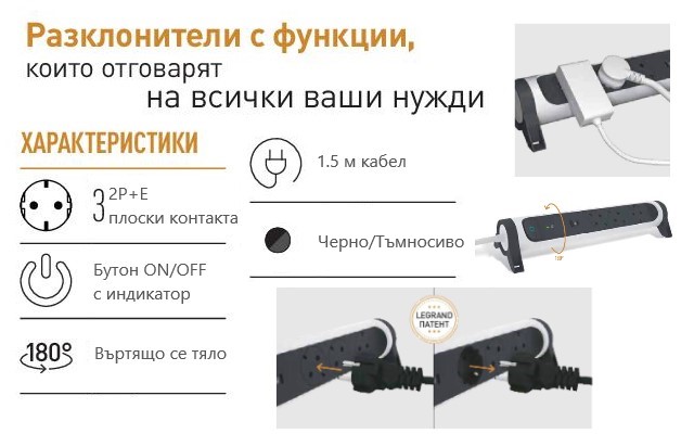 Разклонител ЧЕРЕН 3x2P+E с кабел 1.5 метра / 3x1.5мм2 Premium NEW Legrand