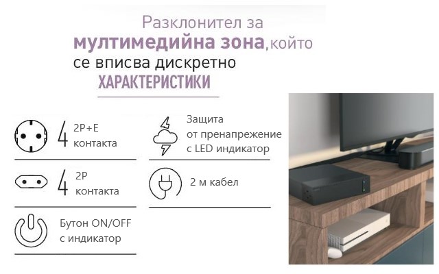 Разклонител TV ЧЕРЕН 4x2P+E + 4x2P с кабел 2 метра с гръмозащита Corner NEW Legrand