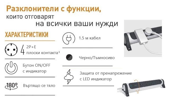 Разклонител ЧЕРЕН 4x2P+E с кабел 1.5 метра с гръмозащита Premium NEW Legrand