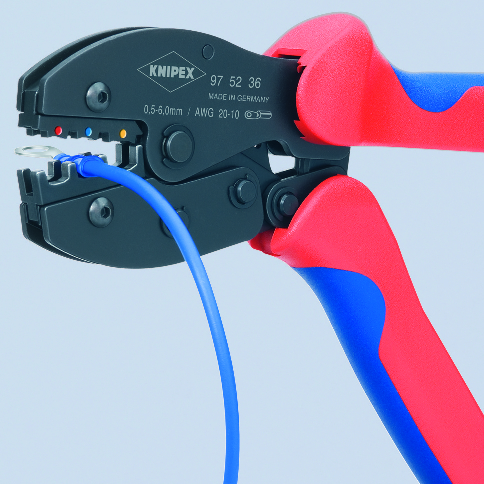 Клещи за кримпване на кабелни накрайници 0.5-6мм2 изолирани, закалени, синьо-червена ръкохватка 220мм, с пружина, Knipex