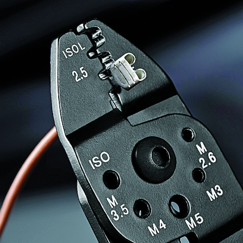 Клещи за кримпване на кабелни накрайници 0.5-2.5мм2 неизолирани, синьо-червена ръкохватка 230мм, Knipex