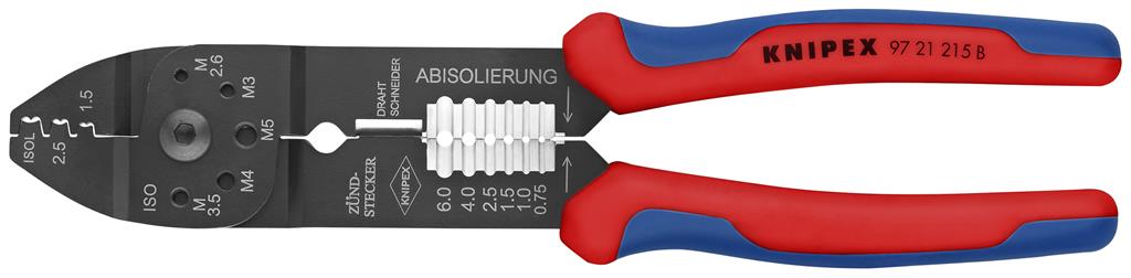 Клещи за кримпване на кабелни накрайници 0.5-2.5мм2 неизолирани, синьо-червена ръкохватка 230мм, Knipex