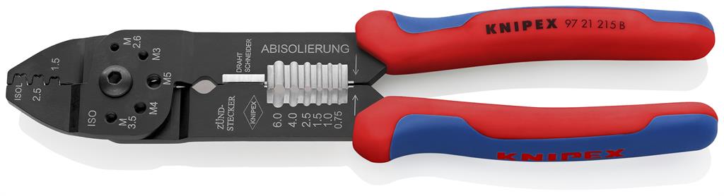 Клещи за кримпване на кабелни накрайници 0.5-2.5мм2 неизолирани, синьо-червена ръкохватка 230мм, Knipex