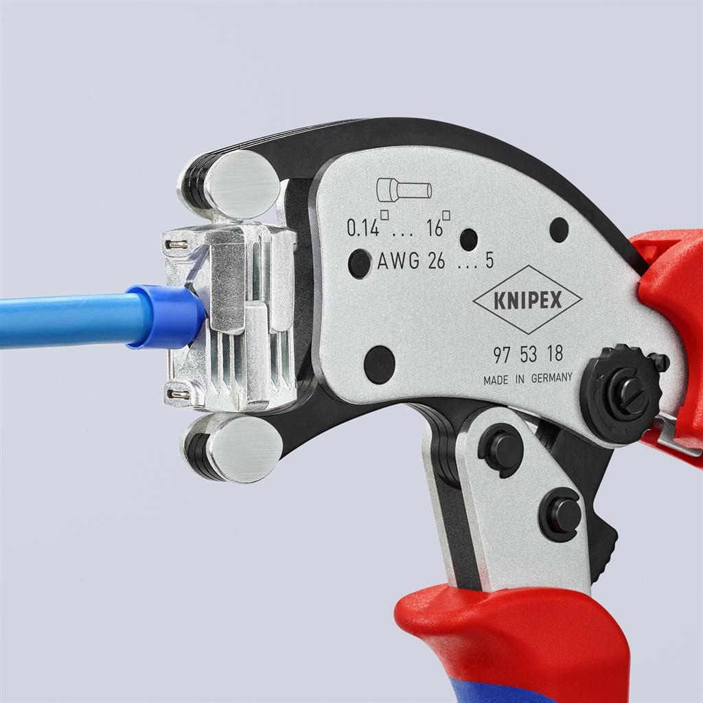 Клещи с чупеща глава за кримпване на кабелни накрайници 0.14-16мм2 квадрат, хромирани, ръкохватка 240мм, с пружина, Knipex