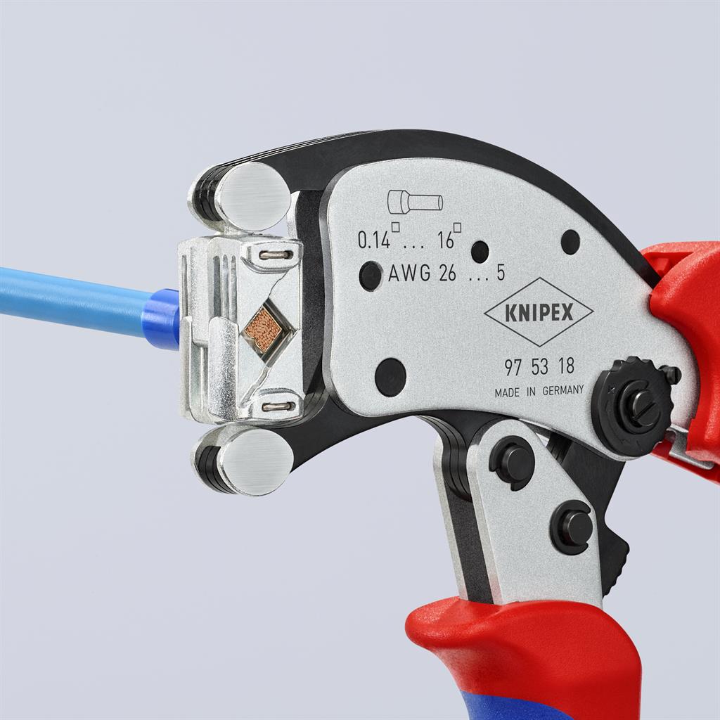 Клещи с чупеща глава за кримпване на кабелни накрайници 0.14-16мм2 квадрат, хромирани, ръкохватка 240мм, с пружина, Knipex