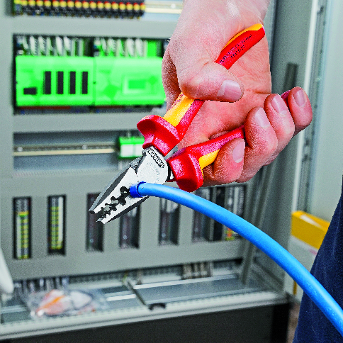 Клещи за кримпване на кабелни накрайници 0.25-16мм2, VDE 1000V жълто-червена ръкохватка 180мм, Knipex