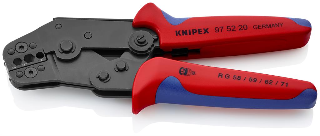 Клещи за кримпване на BNC конектори RG59, закалени, синьо-червена ръкохватка 195мм, с пружина, Knipex