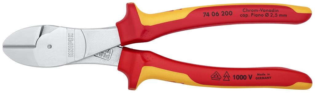 Клещи диагонални резачки усилени, хромирани, VDE 1000V жълто-червена ръкохватка 200мм, Knipex