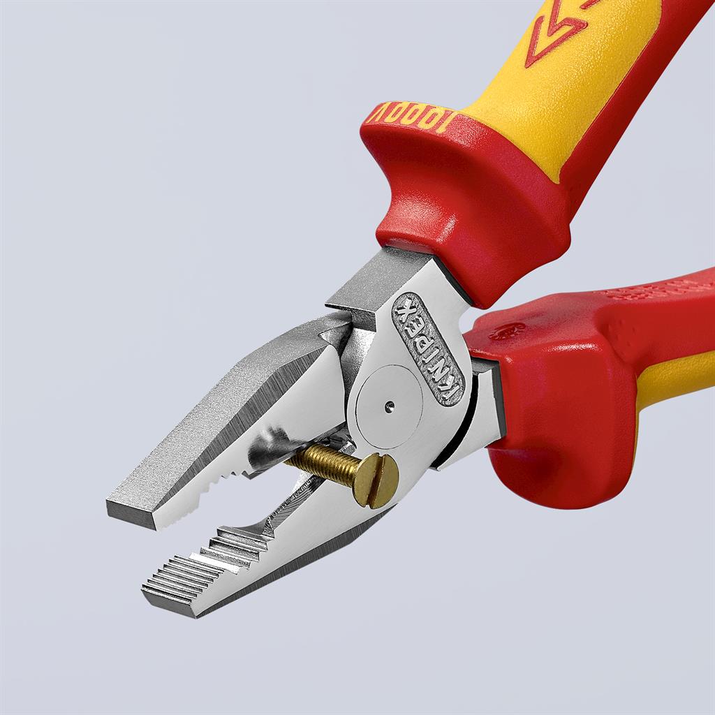 Комбинирани клещи усилени, хромирани, VDE 1000V жълто-червена ръкохватка 180мм, Knipex