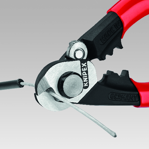 Ножици за рязане и кримпване на стоманено въже до Ø5мм, червена ръкохватка 190мм, Knipex