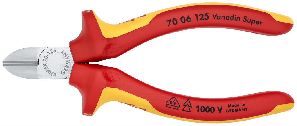 Клещи диагонални резачки, хромирани, VDE 1000V жълто-червена ръкохватка 125мм, Knipex